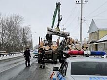 В Воронежской области груженный бревнами КамАЗ съехал в водосток