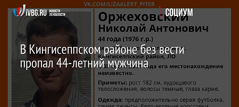 В Кингисеппском районе без вести пропал 44-летний мужчина