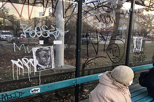 В Екатеринбурге на остановке расклеили листовки против президента Франции