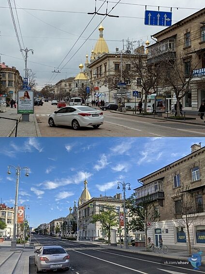 На них показано, какой была улица Большая Морская в Севастополе до воссоединения полуострова с Россией и какой стала после.  
