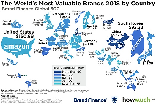 HowMuch показала карту с самыми дорогими брендами в каждой стране мира
