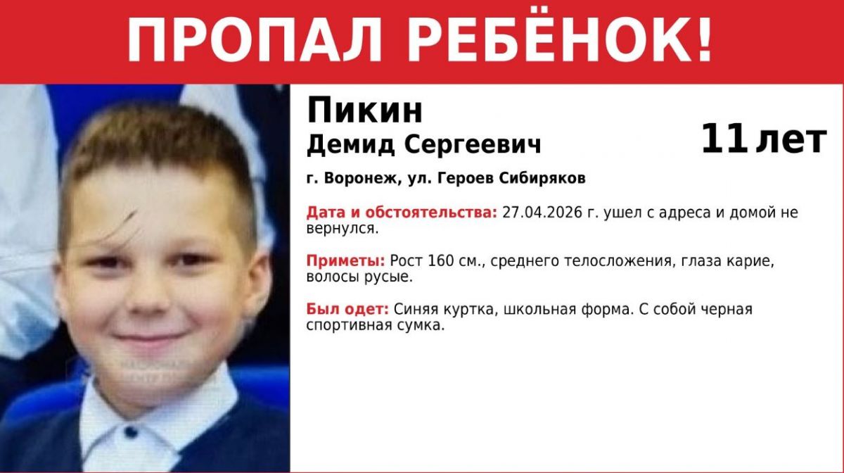В Воронеже ищут 11-летнего Демида Пикина, пропавшего 27 апреля на Героев Сибиряков