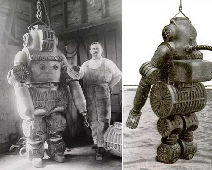 Около века назад глубоководный дайвинг был новой идеей, выдвинутой Честером Э. Макдаффи. Для своих подводных приключений он сделал довольно нетрадиционный доспехи, похожие на костюм для дайвинга.  Назовите это творческим воображением или страхом перед неизвестным, но он разработал дайвинг-костюм, изготовленный из твердого алюминиевого сплава. На фотографии 1911 года Макдаффи можно увидеть в этом чудовищно тяжелом костюме, который весил 250 кг. Однако, он сработал, потому что в 1904 году Макдаффи удалось погрузиться под воду на 65 м в Лонг-Айленд-Саунд, дав миру надежду на то, что глубоководные погружения вполне возможны.