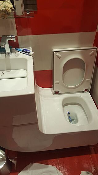 Раковина прикреплена к туалету, образуя идеальную горку. Стильное решение может обернуться попаданием нужных вам вещей в унитаз. Например, как на этой фотографии.