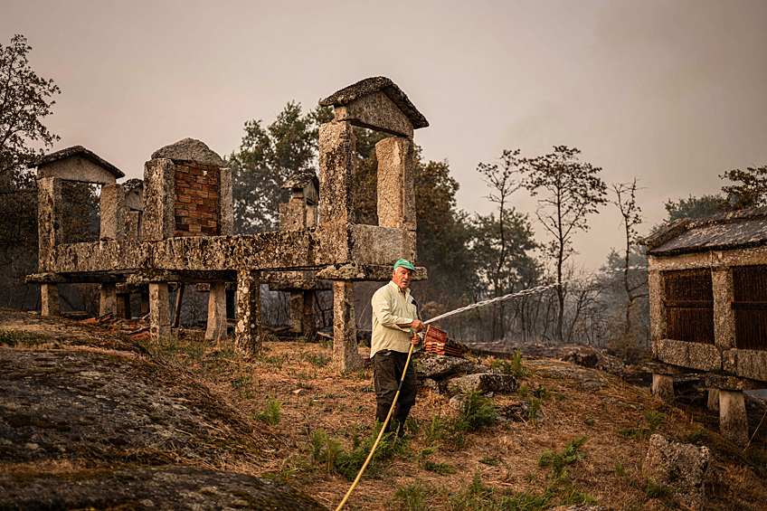 Местный житель тушит лесной пожар в Карбальеда-де-Авиа, Испания, 17 августа 2025 года