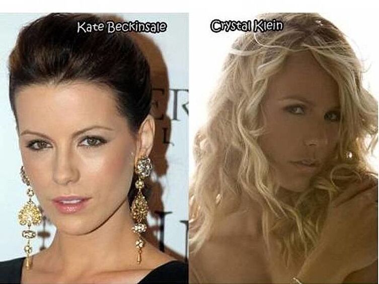 Кейт Бекинсейл и Кристал Кляйн. Кристал выглядит настолько похожей на Кейт, как будто это Бекинсейл решила несколько поменять образ и примерить белокурый парик с кудряшками.
