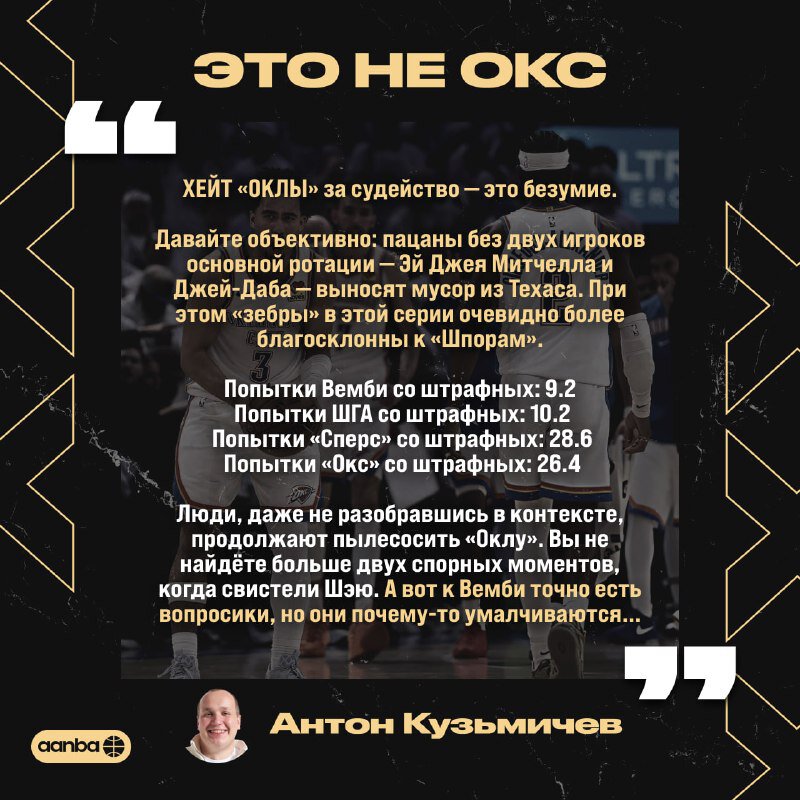 Антон Кузьмичев с AANBA о финале Запада: «Хейт «Оклы» за судейство – это безумие. Вы не найдете больше двух спорных моментов, когда свистели Шэю»