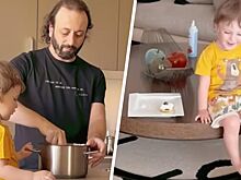 Лиза Арзамасова показала, как Илья Авербух учит сына готовить сырники