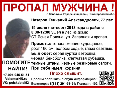 Поиски пропавшего Геннадия Назарова пройдут в Городецком районе 22 июля