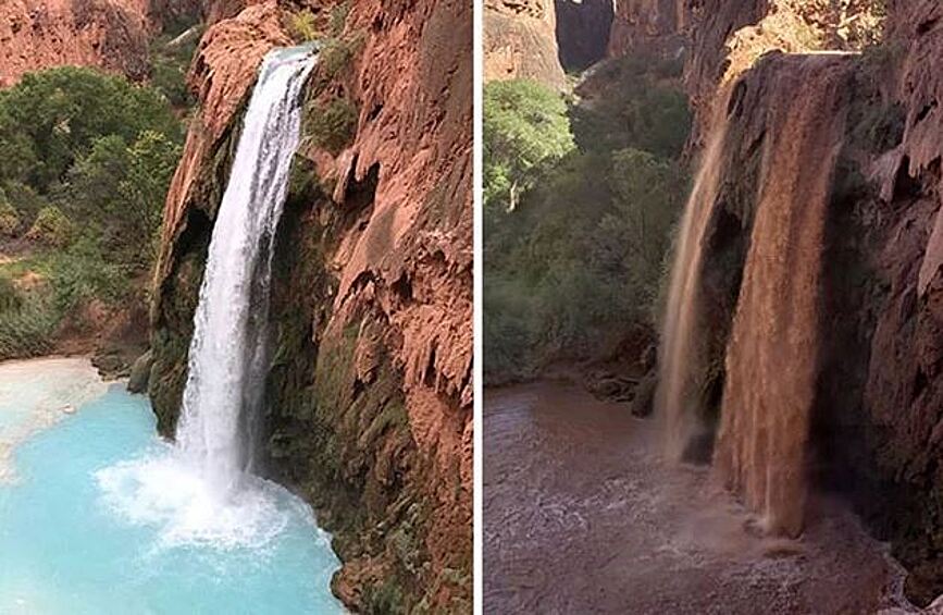 Водопад Хавасупай в Гранд-каньоне. Слева то, как мы видим его на снимках в соцсетях, справа - реальность