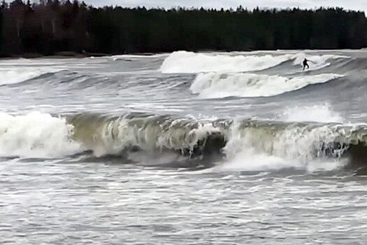Серферы в Финском заливе прокатились на волнах в непогоду