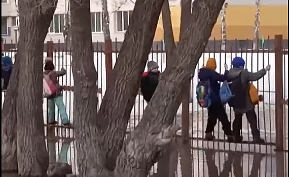 Болото заставляет новосибирских школьников карабкаться по забору