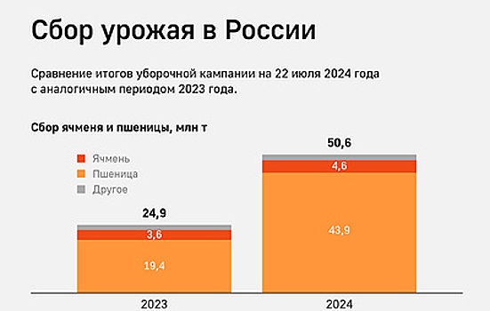 Российские аграрии в 2024 году уже собрали вдвое больше зерновых