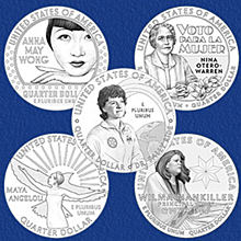 Дизайн 5 монет American Women Quarters 2022: Майя Энджелоу, Салли Райд, Вилма Мэнкиллер, Аделина Отеро-Уоррен, Анна Мэй Вонг