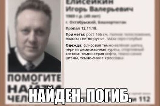 Игорь Елисейкин, пропавший в Башкирии 12 ноября, найден мёртвым
