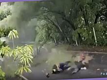 Туристы, путешествующие на мотоцикле, не успели проехать под деревом