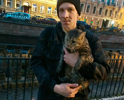 Петербуржец спас кота, застрявшего на горе мешков с песком на канале Грибоедова