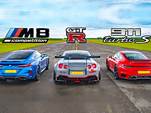 Видео: новый Porsche 911 Turbo, BMW M8 и Nissan GT-R сразились в дрэге