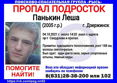 Подросток Алексей Панькин пропал в Дзержинске