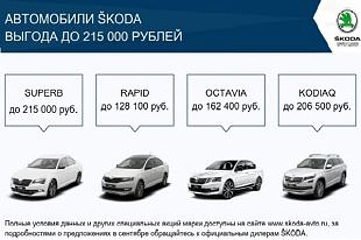 ŠKODA предлагает выгодные условия на покупку автомобилей в сентябре