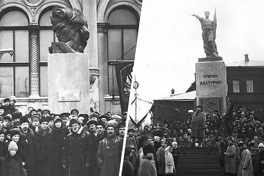 Памятник Перовской, Москва 1918, скульптор И.Ф. Рахманов + Памятник Халтурину, Москва, скульптора С.С. Алешина.  В 1918 году в «Известиях» опубликовали ленинский список личностей, которым в Москве должны были непременно поставить памятники. Там был 31 революционер – начиная со Спартака и Брута, продолжая политэкономистами Марксом, Энгельсом и Бебелем, и заканчивая Степаном Разиным, Маратом, декабристами Пестелем и Рылеевым, цареубийцей Каляевым, народоволкой Софьей Перовской.  Перед западным фасадом университета Шанявского (современный РГГУ; открыл его генерал и исследователь Альфонс Шанявский) в 1918 году были открыты памятники народоволке и цареубийце Софье Перовской и террористу Степану Халтурину.  «Сугубо реалистическая полуфигура с задумчивым, сосредоточенным лицом», – описывали статую террориста очевидцы. По легенде, Казимир Малевич, бывший на церемонии открытия монумента 7 ноября 1918 года, потерял дар речи – от «засученных рукавов и выражения лица, наводящих ужас». Памятник признали неудовлетворительным и вскоре разобрали. Примечательно, что оба памятника были издевательски открыты на площади Миусской, тогда известной как улица имени 19 Февраля 1861 года. Именно в этот день Александр II подписал манифест об освобождении крестьянства и отмене крепостного права.