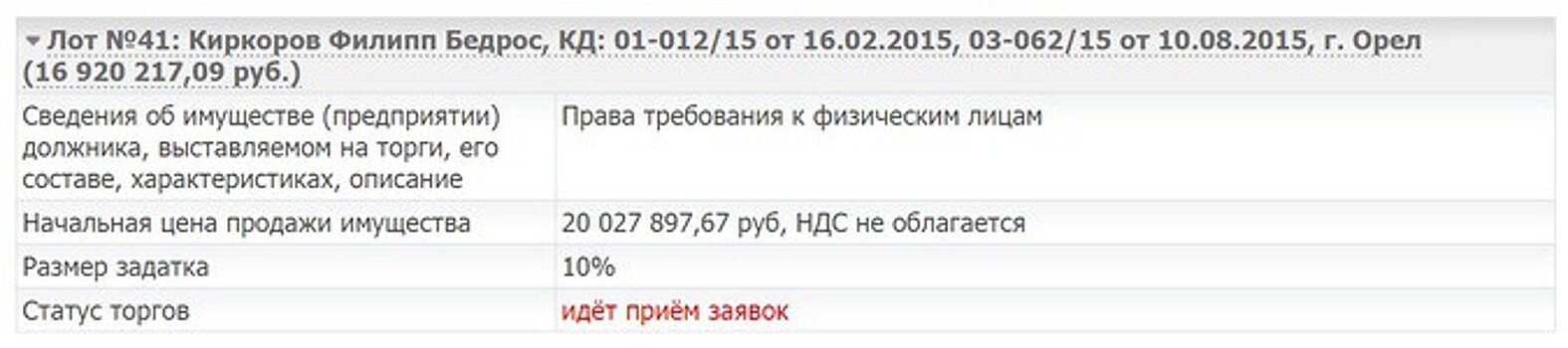 Долг Киркорова на 20 млн рублей выставлен на аукцион