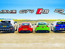 Дрэг-гонка: Audi TT RS, Porsche GT4, VW Golf R против Lamborghini Urus