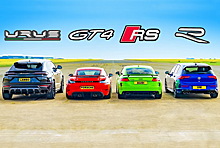 Дрэг-гонка: Audi TT RS, Porsche GT4, VW Golf R против Lamborghini Urus