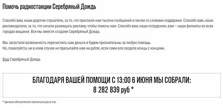 Слушатели пожертвовали «Серебряному дождю» 7,5 млн рублей