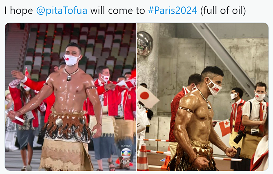 Красавец-знаменосец из Тонго свел с ума зрительниц по всему миру. "Я надеюсь он появится на следующих играх в Париже в 2024 году (весь в масле, конечно )", — шутили в Сети.