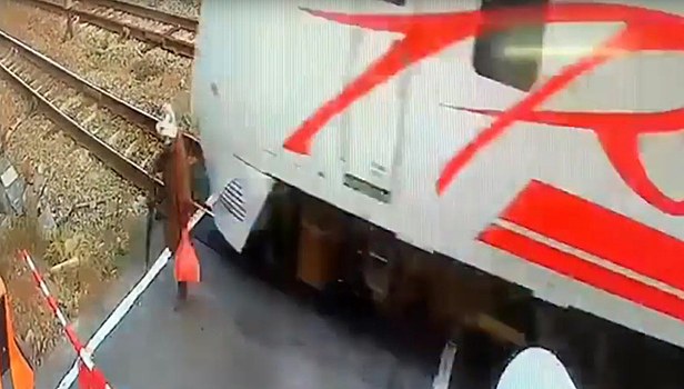 Китайская старушка прошла в сантиметре от несущегося скоростного поезда. Видео