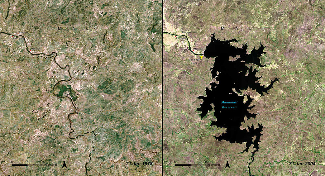 Рост водохранилища после строительства плотины в западном Мали (1978 / 2004).