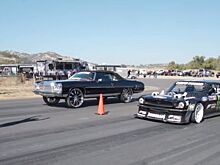 Необычный дрэг: Hoonicorn Кена Блока против 1500-сильного Chevrolet Impala в стиле донк