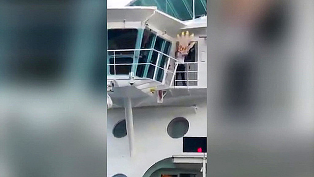 Экипаж круизного лайнера помахал опоздавшим пассажирам искусственной рукой