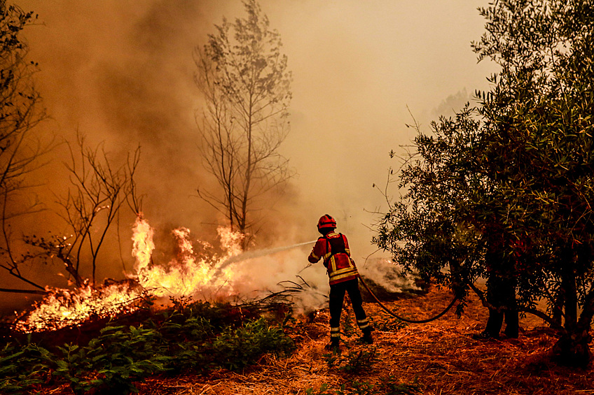 Пожарный борется с пламенем во время лесного пожара, который начался пять дней назад возле Алдея-де-Пиодао в Арганиле и распространился на Сильвареш в Фундао, Португалия, 18 августа 2025 года