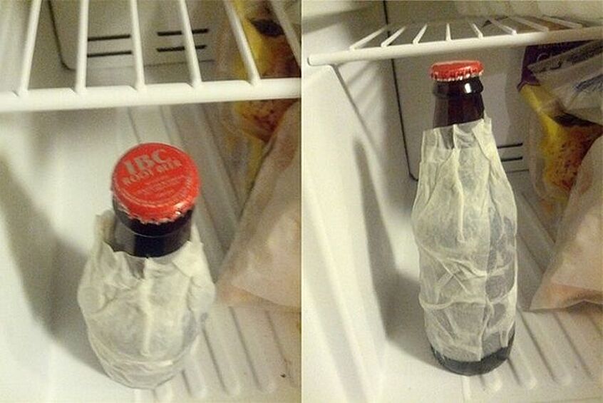Охлаждаем напитки быстро. Чтобы быстро охладить бутылку пива, оберните ее влажным бумажным полотенцем и поставьте в холодильник. 15 минут — и все готово.