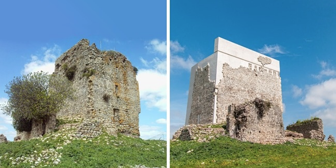 Замок Матрера, IX в. Башня обвалилась в 2013 году после 1200 лет существования. За ее реставрацию взялся архитектор Карлос Кевадо, который, не долго думая, достроил башню, применив обычный бетон. В итоге получилось смешение стилей, где сразу заметно, какая часть замка новая, а какая – старая 
