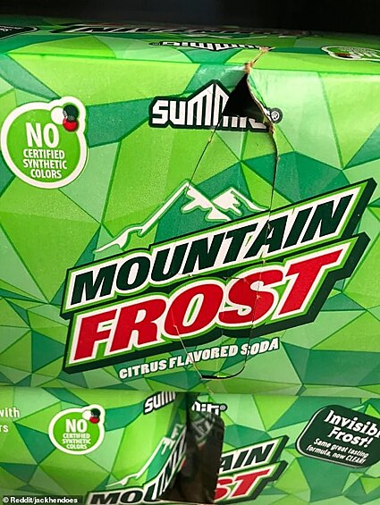 Mountain что? Известный бренд газировки Mountain Dew почему-то стал Mountain Frost. Цветовая гамма и особенности упаковки оригинала сохранены. Автор фото – Jackhendoes из Огайо.