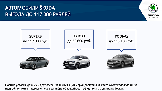 Skoda в РФ объявила скидки на Kodiaq, Karoq и Superb до 30 сентября 2021 года