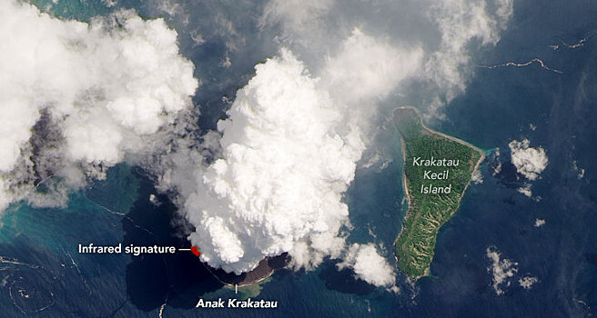 Извержение вулкана Анак Кракатау показали из космоса
