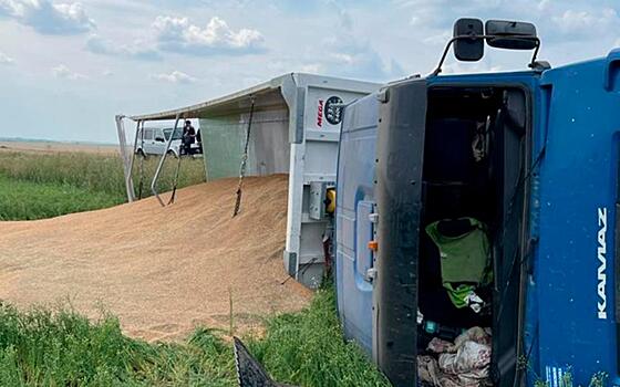 В Пронском районе перевернулся КамАЗ с зерном