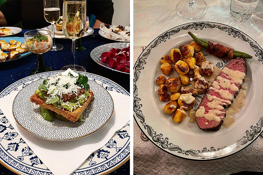 Швеция. Бутерброды с креветками и авокадо, говяжье филе с перечным соусом, жареный картофель, фасоль в беконе, тефтели с брусничным соусом, маринованная сельдь.