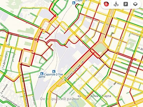 Саратовцы встречают утро понедельника в восьмибальных пробках