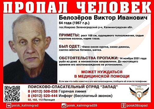 В Калининградской области ищут 64-летнего мужчину, пропавшего более трёх недель назад