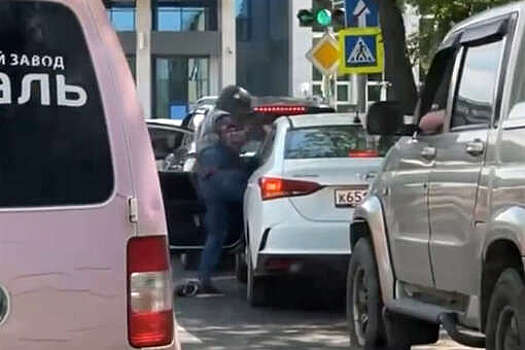 В Иркутске байкер в куртке Black Bears пытался за ноги вытащить водителя Hyundai Solaris из салона