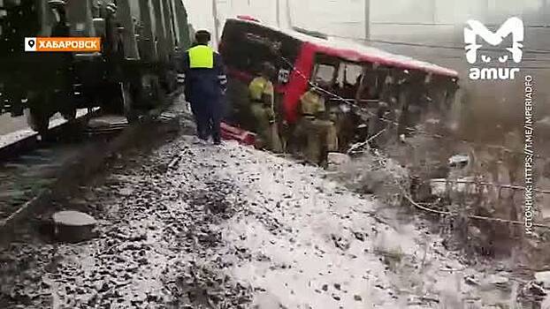 Последствия столкновения пассажирского автобуса с поездом в Хабаровске сняли на видео
