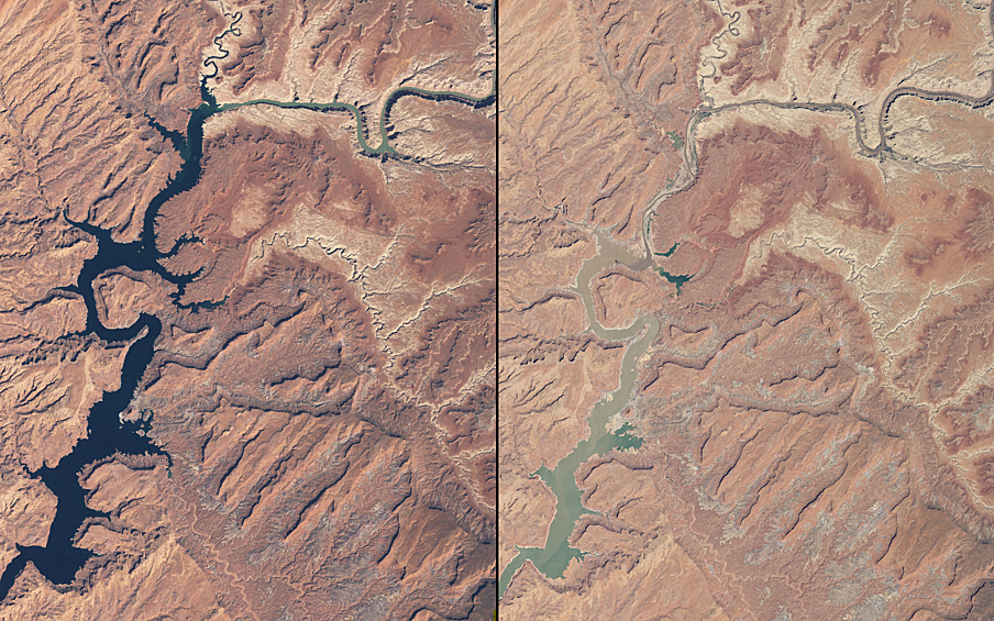 Катастрофической засухе подверглись районы Аризоны, Юты, водохранилищ Калифорнии. Сильнейшая потеря уровня воды демонстрирует водохранилище Пауэлл на реке Колорадо. Площадь, в былые времена была 1627 квадратных километров, а сейчас всего 936! Ранее, в полноводье, оно содержало 30 000 кубических метров воды, а сейчас всего 12 000. На фото: май 1999 / май 2014.