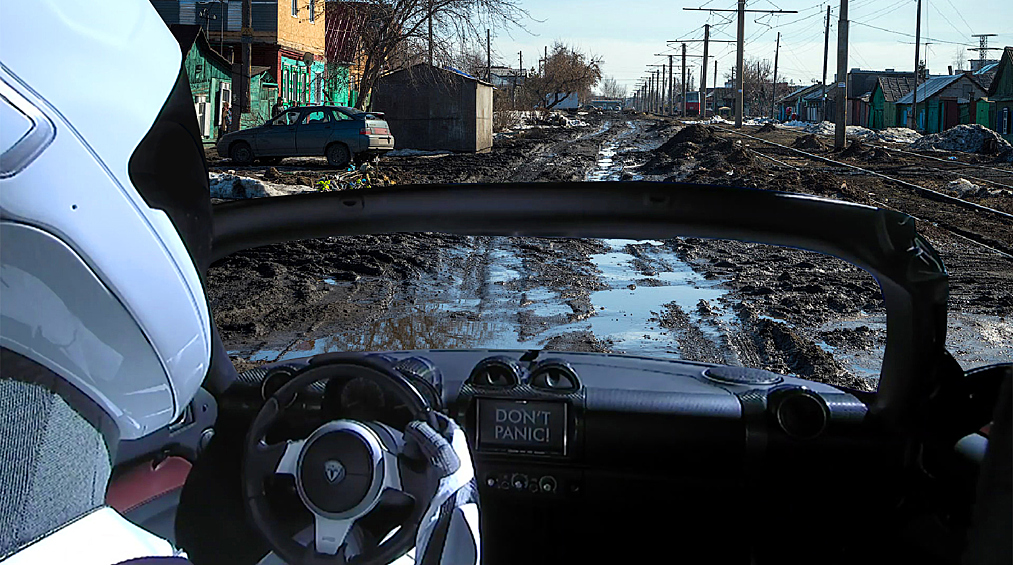 Tesla Roadster Илона Маска на одной из улиц в российской глубинке (коллаж)