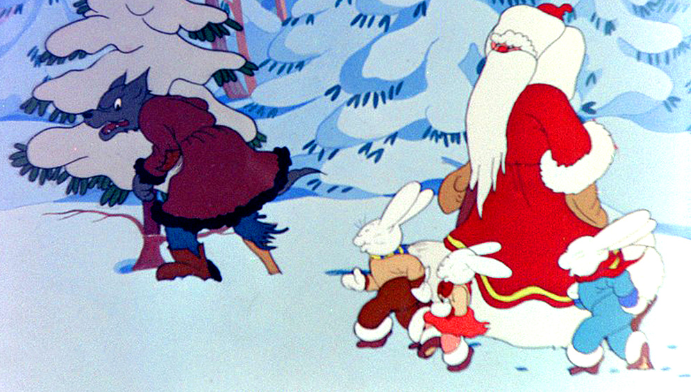 «Дед Мороз и серый волк» (1978). Волк переодевается в сказочника, чтобы украсть зайчат из дома. Настоящий Дед Мороз бежит на помощь. 