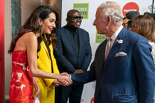 Амаль Клуни появилась на приеме у принца Чарльза в платье-бюстье с алыми цветами